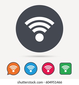 Wifi icon. Wireless internet sign. Communication technology symbol. Circle, speech bubble and star buttons. Flat web icons. Vector