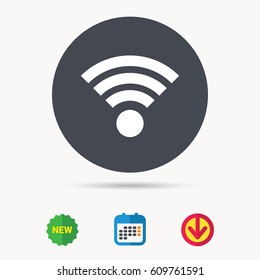 Wifi icon. Wireless internet sign. Communication technology symbol. Calendar, download arrow and new tag signs. Colored flat web icons. Vector