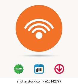 Wifi icon. Wireless internet sign. Communication technology symbol. Calendar, download arrow and new tag signs. Colored flat web icons. Vector