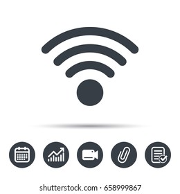 Wifi icon. Wireless internet sign. Communication technology symbol. Calendar, chart and checklist signs. Video camera and attach clip web icons. Vector