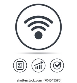 Wifi icon. Wireless internet sign. Communication technology symbol. Report document, Graph chart and Check signs. Circle web buttons. Vector