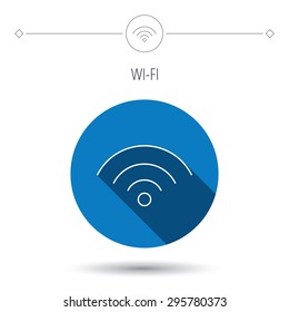 Wifi icon. Wireless wi-fi network sign. Internet symbol. Blue flat circle button. Linear icon with shadow. Vector