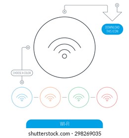 Wifi icon. Wireless wi-fi network sign. Internet symbol. Line circle buttons. Download arrow symbol. Vector