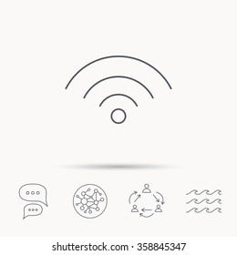 Wifi icon. Wireless wi-fi network sign. Internet symbol. Global connect network, ocean wave and chat dialog icons. Teamwork symbol.