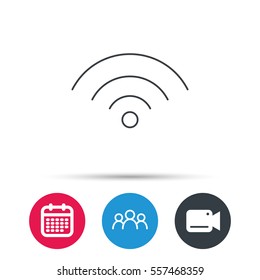 Wifi icon. Wireless wi-fi network sign. Internet symbol. Group of people, video cam and calendar icons. Vector