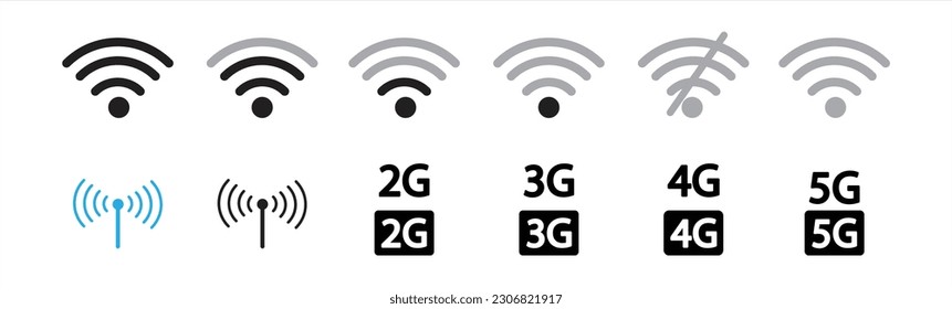 Wi-Fi icon. Wireless and Wi-Fi signal icon. Wifi and wireless signal icon symbol. Set of sign for connect of network. Wi-Fi signal strength. Level signal sign. Vector illustration.