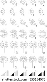 Wi-Fi icons, antenna rounded, rectangular, lock, exclamation mark, cross. Thin black lines on white background. Design element, vector