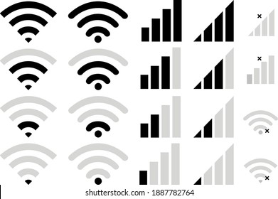 The wifi icons of the black vector set. collection of signs from the Wifi signal illustration. Wireless symbol. Mobile phone system icons and WiFi signal strength.