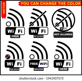 Wifi-Symbole (WiFi-frei, WiFi nicht erlaubt, WiFi-Hochgeschwindigkeits) Symbole, Vektorgrafiken. 