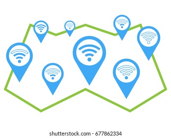 Wifi icons on map. Set of blue strong and weak internet signals in location icons on paper map. EPS10 vector illustration for web application, app, travel magazine, template, logo, banner, sign.