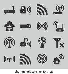 Wifi icons set. set of 16 wifi filled icons such as signal, wi-fi, home connection, security lock, opened security lock, laptop signal, router