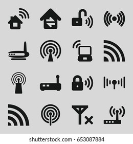 Wifi icons set. set of 16 wifi filled icons such as signal, wi-fi, home connection, security lock, opened security lock, laptop signal, router