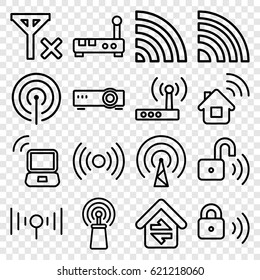 Wifi icons set. set of 16 wifi outline icons such as signal, wi-fi, home connection, security lock, opened security lock, laptop signal, router
