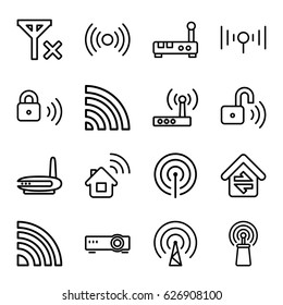 Wifi icons set. set of 16 wifi outline icons such as signal, wi-fi, home connection, security lock, opened security lock, router