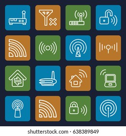 Wifi icons set. set of 16 wifi outline icons such as signal, wi-fi, home connection, security lock, opened security lock, laptop signal, router
