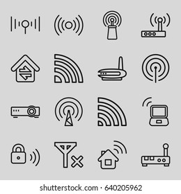 Wifi icons set. set of 16 wifi outline icons such as signal, wi-fi, home connection, security lock, laptop signal, router