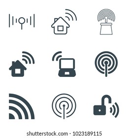 Wifi icons. set of 9 editable filled and outline wifi icons such as home connection, signal, opened security lock