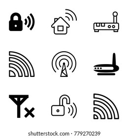 Wifi icons. set of 9 editable filled and outline wifi icons such as router, security lock, no signal, home connection, wi-fi, signal