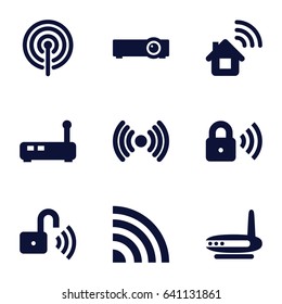 Wifi icons set. set of 9 wifi filled icons such as security lock, opened security lock, signal, router