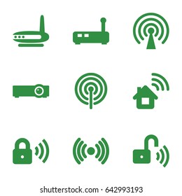 Wifi icons set. set of 9 wifi filled icons such as security lock, opened security lock, signal, router