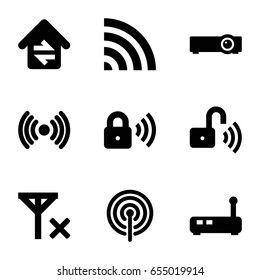 Wifi icons set. set of 9 wifi filled icons such as wi-fi, home connection, security lock, opened security lock, signal, router