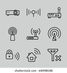 Wifi icons set. set of 9 wifi outline icons such as signal, security lock, router, no signal