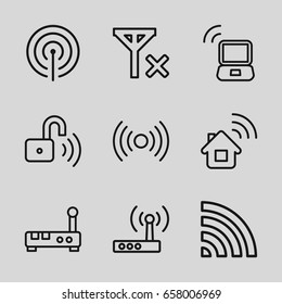 Wifi icons set. set of 9 wifi outline icons such as wi-fi, opened security lock, laptop signal, signal, router, no signal