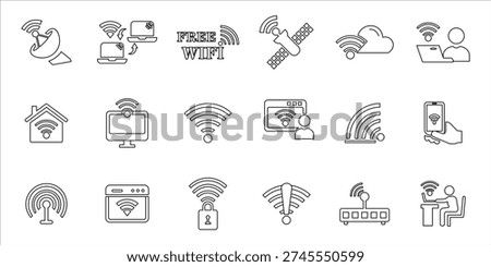 wifi icons set. internet, browser, hotspot, free wifi, antenna, signal, wifi router, connect and more. simple line vector illustration