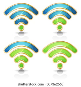 Wifi Icons Set For Tablet PC Ui Game/
Illustration of a set of wifi wireless technology icons connection symbol, from bad to good signal, for ui game on tablet pc, with golden outlines