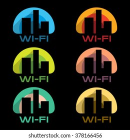 Wi-Fi icons vector set on black background. Internet City colorful logos collection.