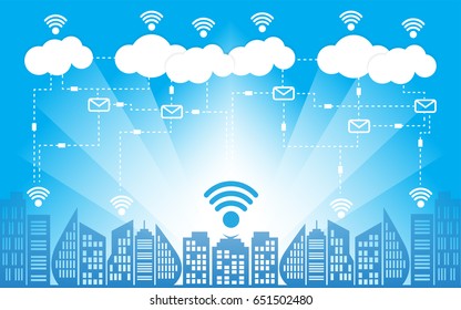 Wifi Internet Connectivity concept, multimedia and data communication world connecting. Cloud computing City and Suburb Network background. Vector illustration.