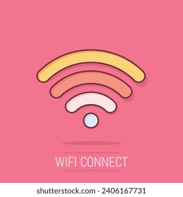 Wifi internet icon in comic style. Wi-fi wireless technology vector cartoon illustration pictogram. Network wifi business concept splash effect.