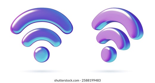 Wi-Fi internet symbols in 3D style. Holographic blue and purple iridescent vector illustrations isolated on white.