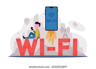Wifi internet technology with smartphone launching. Person using mobile device with high speed mobile internet connection cartoon vector illustration