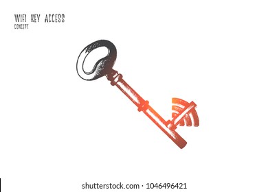 Wi-fi key access concept. Hand drawn key as symbol of password for wi-fi network. Protection of wireless isolated vector illustration.