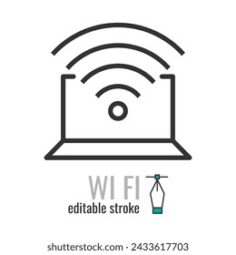 Wi-fi laptop line icon. Wi-Fi signal symbol. Remote internet access pictogram. Internet sign. Vector graphics illustration EPS 10. Editable stroke