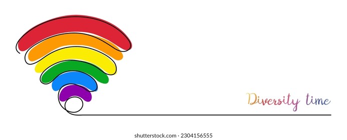 WI-FI LGBT signal one line art,hand drawn iridescent internet hotspot,rainbow access point continuous contour.Free diversity zone wireless online concept,template outline.Technology device.Editable