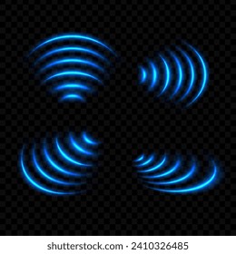 Efecto de la luz Wi-Fi, ondas del sensor de señal azul con conexión inalámbrica a internet. Tecnología inalámbrica radar digital o sonar con efecto de luz brillante. Vector