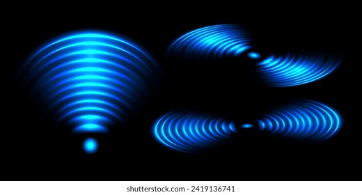 Efecto de la luz Wi-Fi, ondas del sensor de señal azul brillante y conexión inalámbrica a internet. Tecnología inalámbrica radar digital o sonar con efecto de luz brillante. Vector