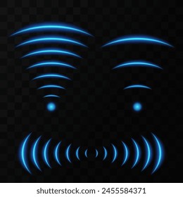 Wi-Fi light effect, Blue glowing signal sensor waves internet wireless connection. Wireless technology digital radar or sonar with glowing light effect. Vector