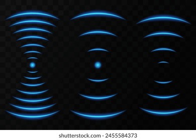Wi-Fi light effect, Blue glowing signal sensor waves internet wireless connection. Wireless technology digital radar or sonar with glowing light effect. Vector