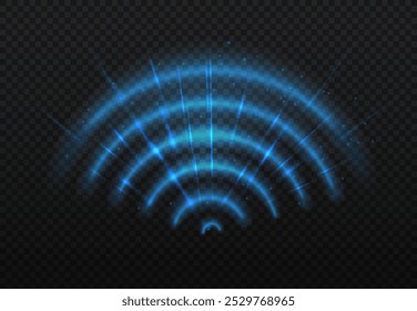 Wifi light effect. Blue wi fi symbol. Wireless connection and interaction. Internet and online. Graphic element for website. Realistic vector illustration isolated on transparent background