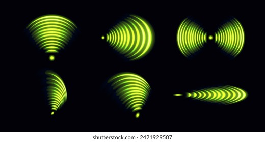 Wi-Fi light effect, green glowing signal sensor waves internet wireless connection. Wireless technology digital radar or sonar with glowing light effect. Vector