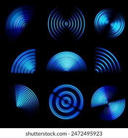 Wifi light effect. Internet router wifi blue neon radial waves. Sound scan glowing signal. Cellphone hotspot wireless technology vector set. Technological radar, network protection