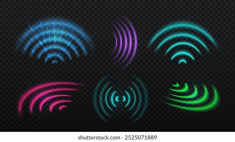 Conjunto de efeitos de luz Wi-Fi. Efeito de onda circular. Radar sonar radial. Internet e conexão sem fio, tecnologia moderna. Coleção de vetores de néon isolada em plano de fundo transparente