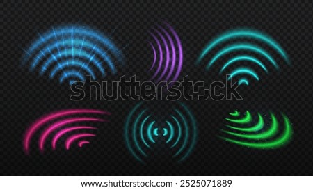 Wifi light effect set. Circular wave effect. Radial sonar radar. Internet and wireless connection, modern technology. Neon vector collection isolated on transparent background