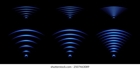 WiFi light effect, sound wave icons, radar signal concept. Blue wireless network glowing elements, neon echo or scan effect. Vector illustration.