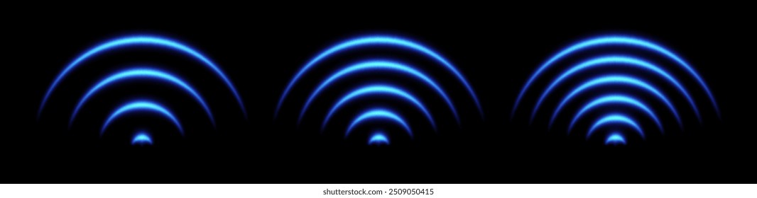 Efeito de luz WiFi, ícones de ondas sonoras, conceito de sinal de radar. Elementos brilhantes de rede wireless azul, eco de néon ou efeito de digitalização. Ilustração vetorial.