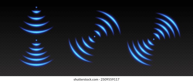 Efeito de luz WiFi, ícones de ondas sonoras, conceito de sinal de radar. Elementos brilhantes de rede wireless azul, eco de néon ou efeito de digitalização. Ilustração vetorial.