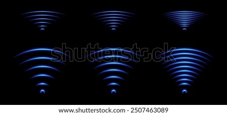 WiFi light effect, sound wave icons, radar signal concept. Blue wireless network glowing elements, neon echo or scan effect. Vector illustration.